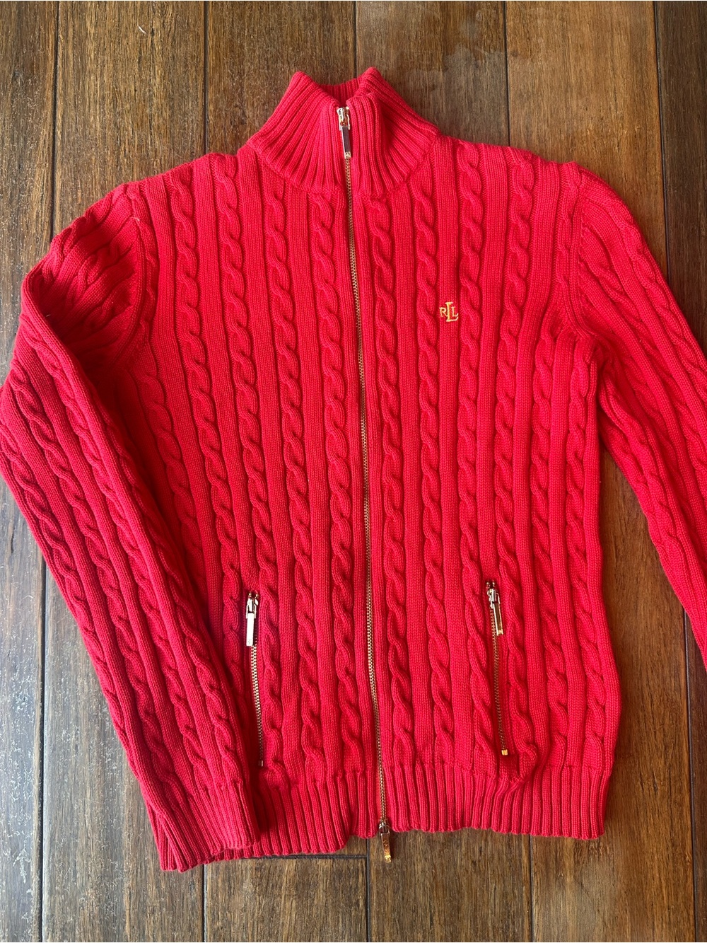 Lauren Ralph Lauren Red Cable-Knit Zip-Front Sweater